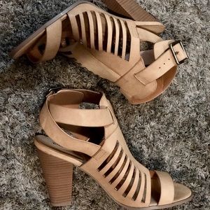 Tan Strappy Peep Toe Heels